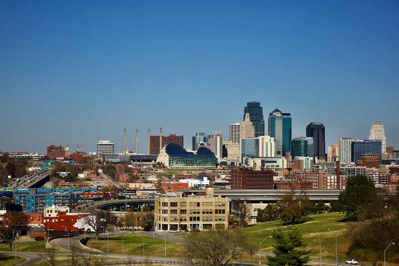 The downtown Kansas City skyline seen across the metro on a clear day