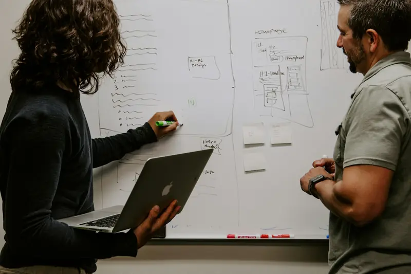 A planning session with notes on a whiteboard