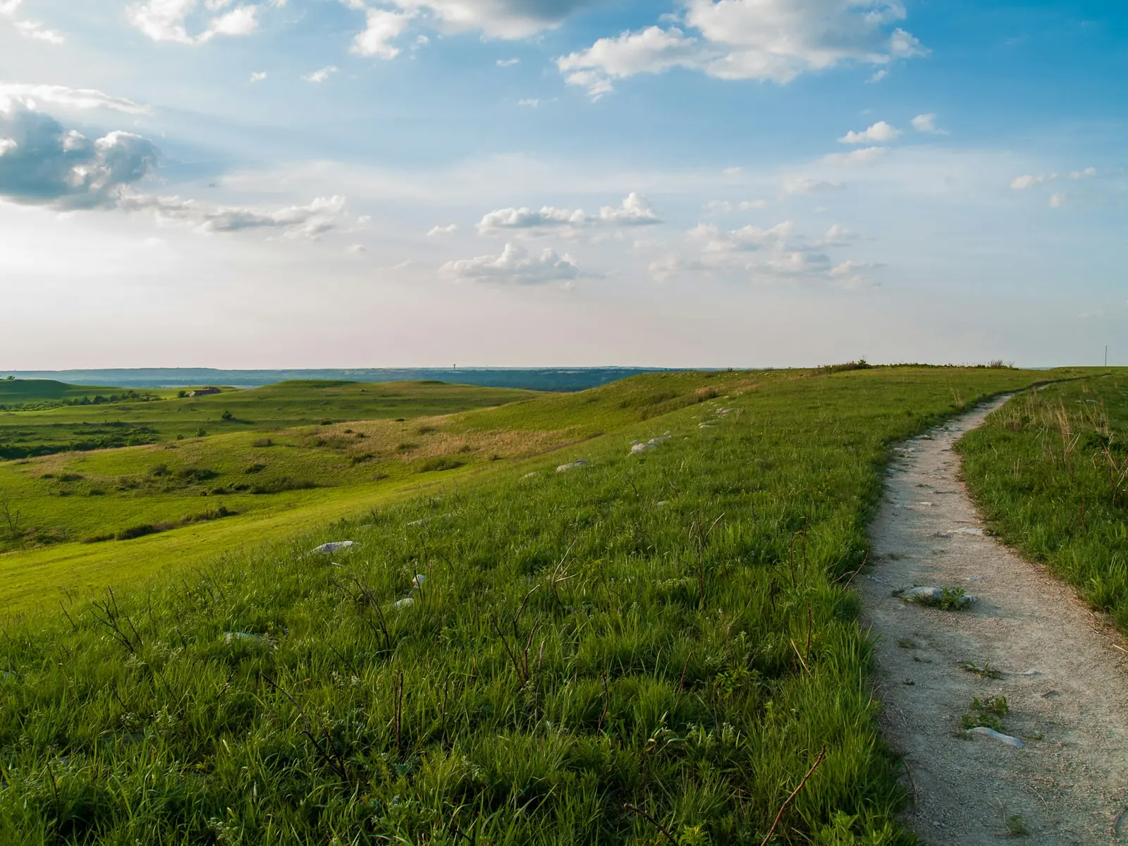 A walking trail through green Flint Hills prairie under a blue sky